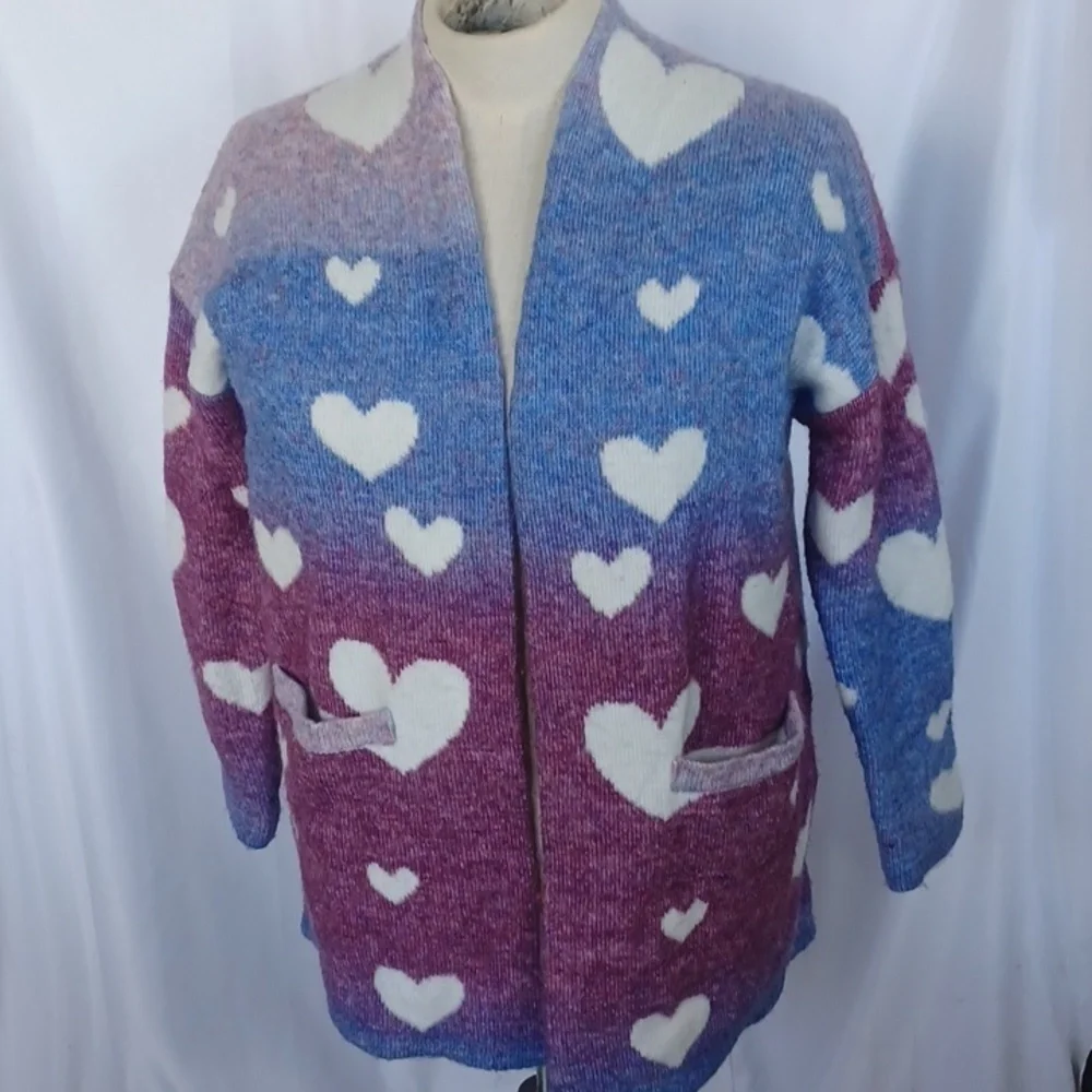 Francesca's Heart Patterned Cardigan in Burgundy and Blue